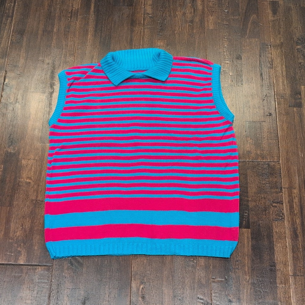 Vintage 80s Striped Polo Sweater Vest Medium Teal Pink Made USA Union Sleeveless